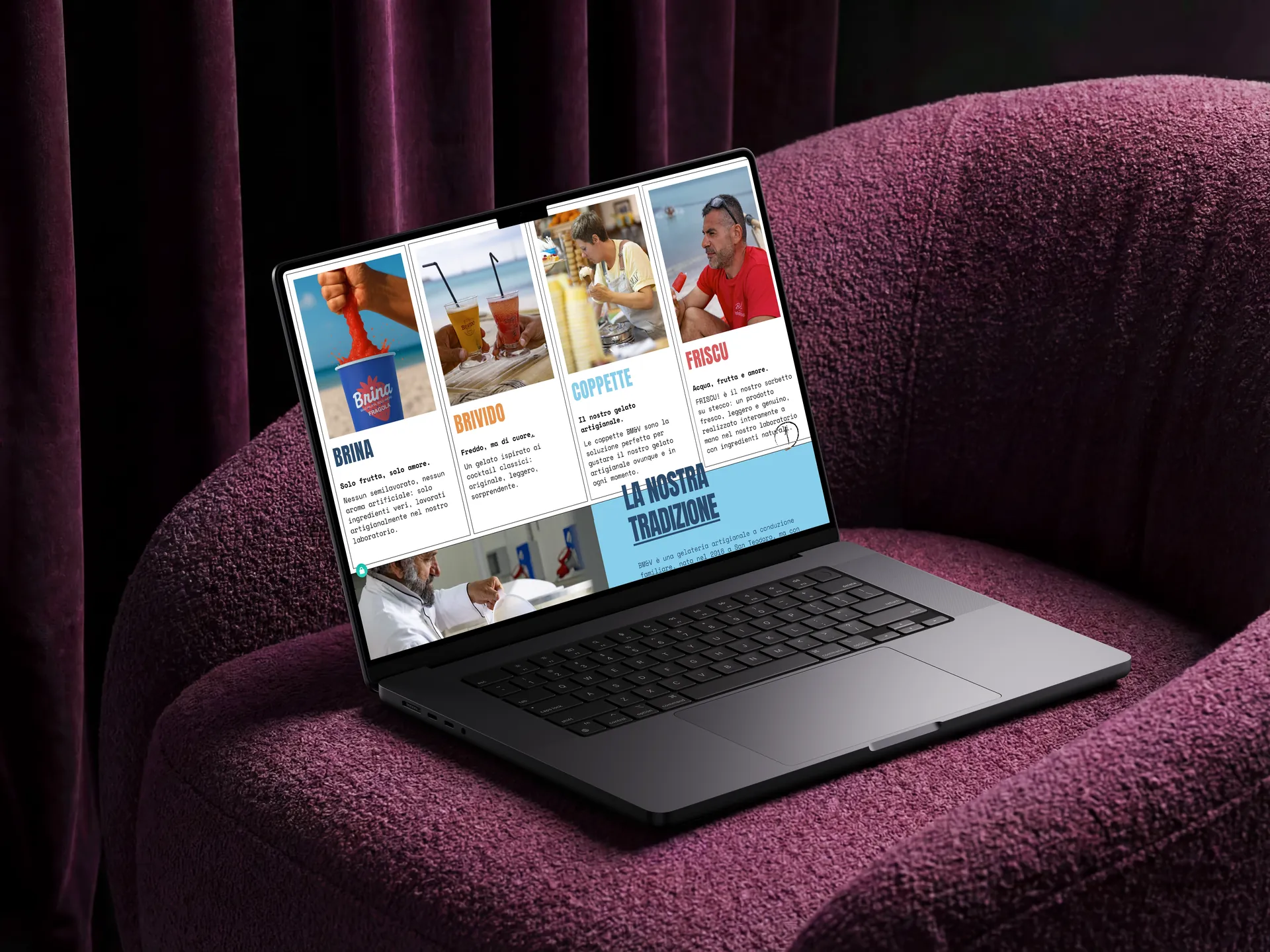 Sito BM&V Gelaterie, griglia delle linee di prodotto su MacBook