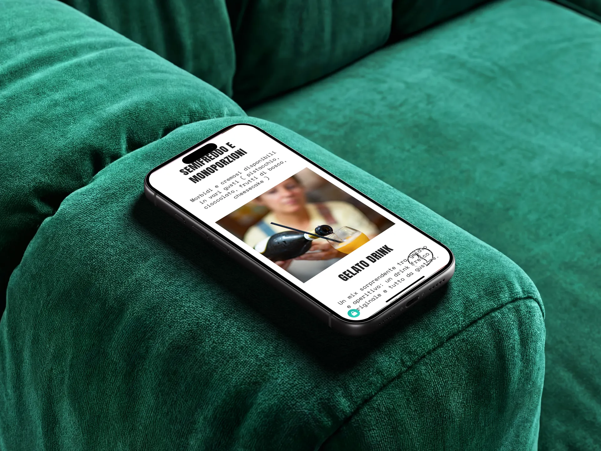Sito BM&V Gelaterie, sezioni semifreddi e gelato drink su iPhone