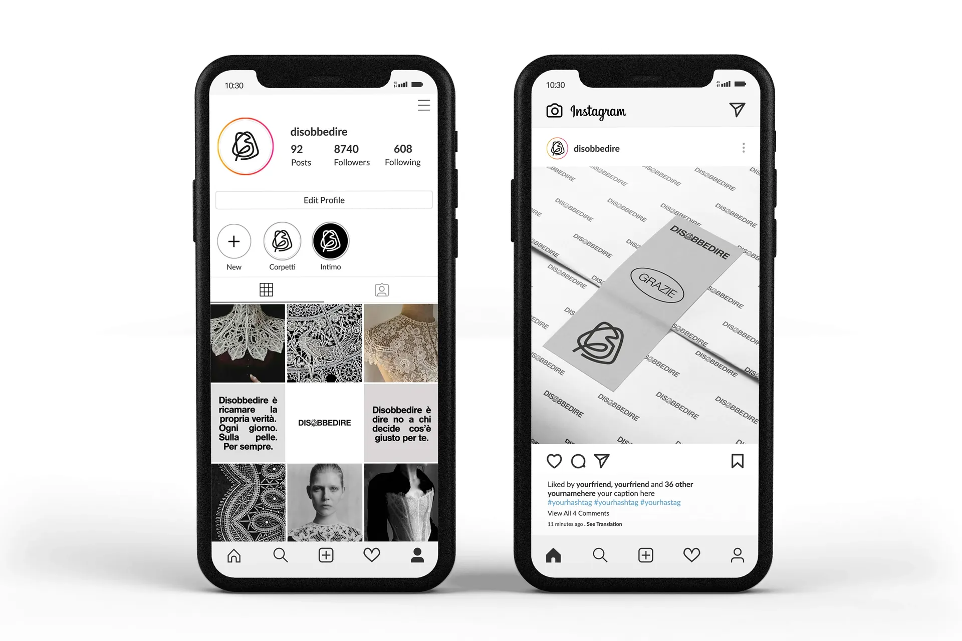 Immagine social Disobbedire, profilo e post Instagram